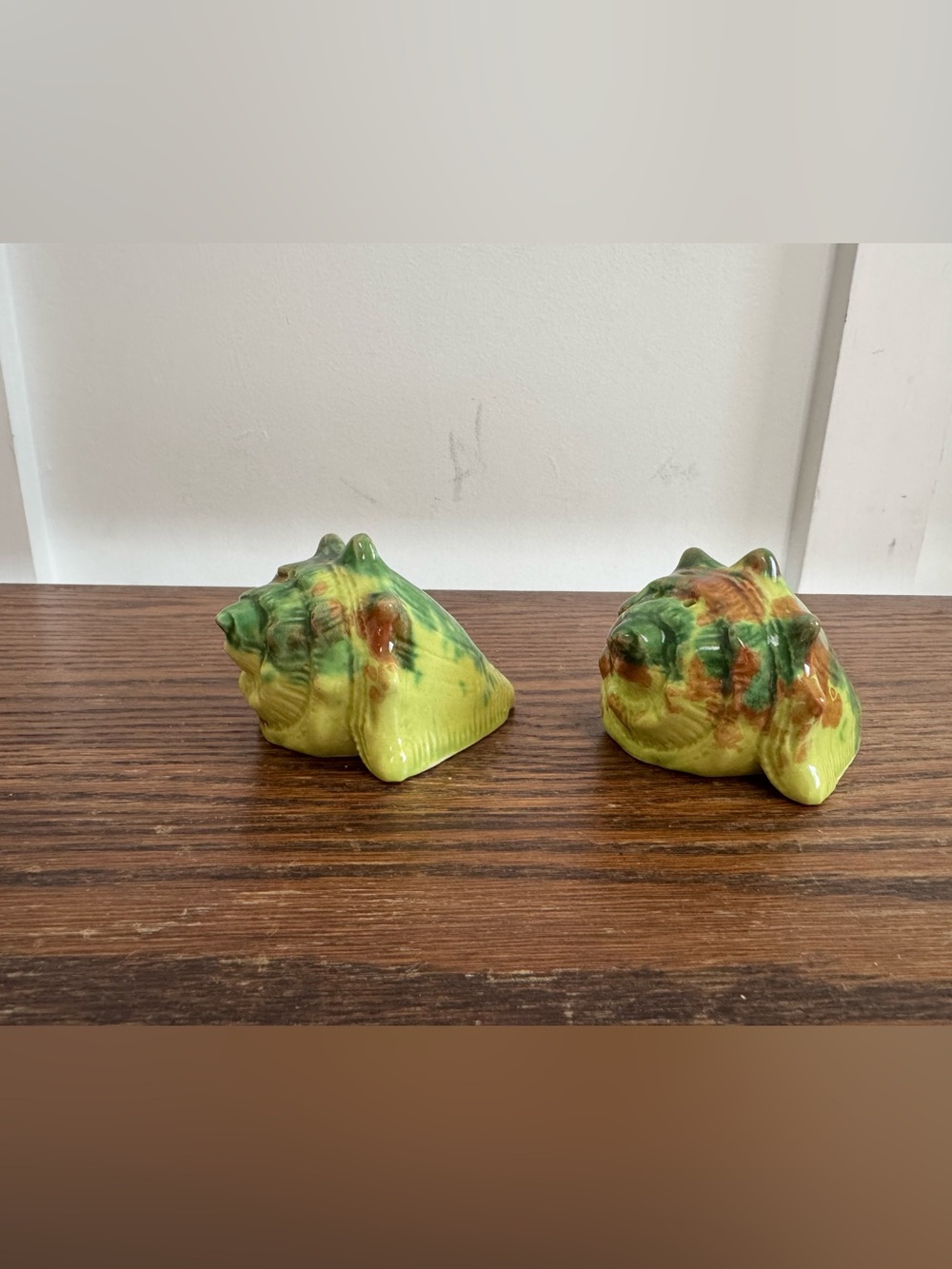 Green and Brown Ceramic Conch Shell salt and pepper shakers